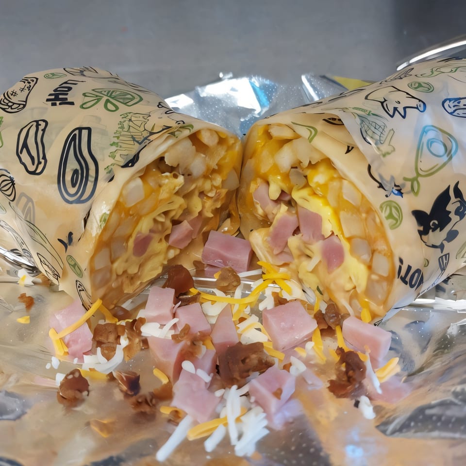 A breakfast burrito from Taquiza Street, cut in half, revealing ham, cheese, and potatoes.